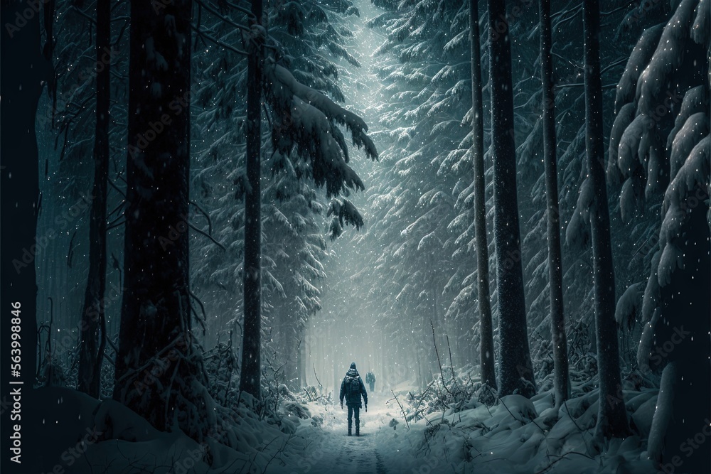 Poster a man walking through a forest filled with snow covered trees at night with a person walking in the 