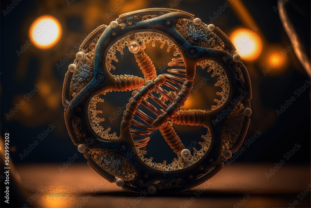 Poster a model of a human cell inside of a ball of light and dark colors with a yellow glow behind it and a