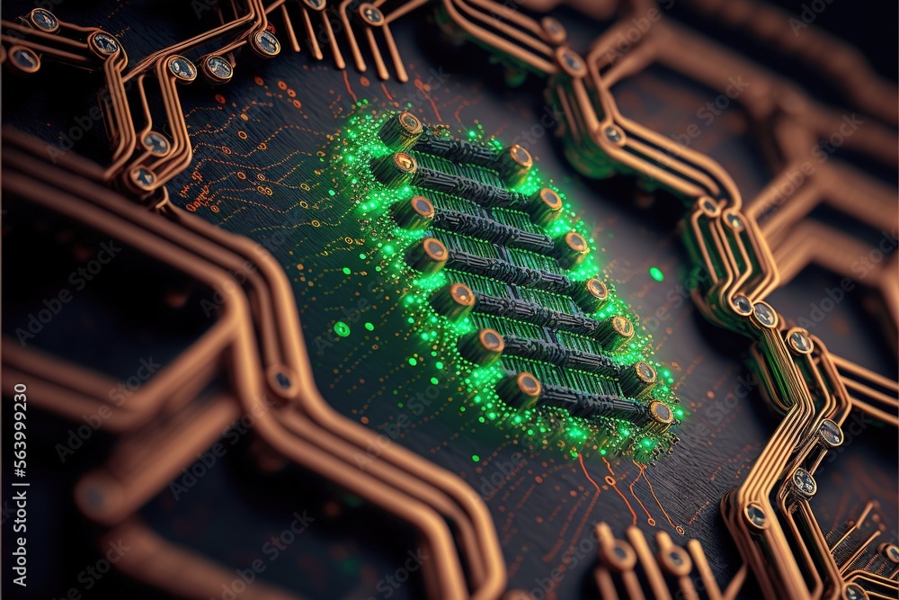 Poster a computer circuit board with a green circuit board on it's side and a green circuit board on the ot