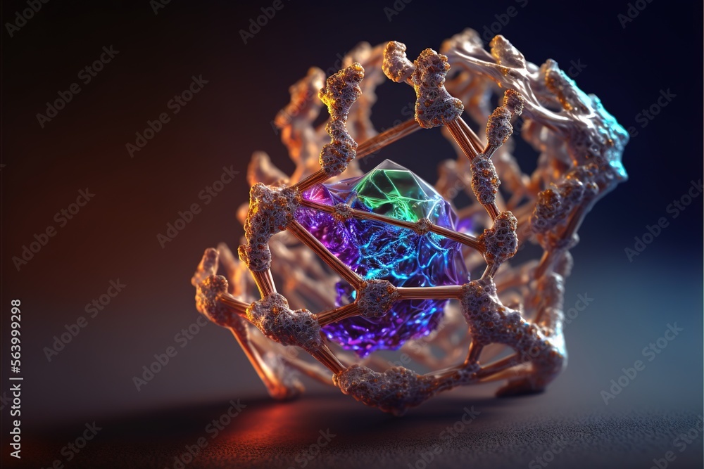 Poster a colorful object with a black background and a black background with a blue and orange structure wi