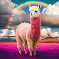 Alpaka mit rosa, pinkem Fell und Regenbogen - Generative AI - obrazy, fototapety, plakaty