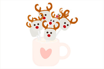 Cup of cocoa with marshmallows. Reindeer with marshmallows. Hot dessert.