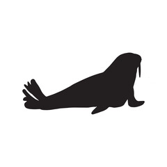 Cute walrus silhouette on a white background. Vector hand drawn kids illustration. Sea ocean. Underwater world