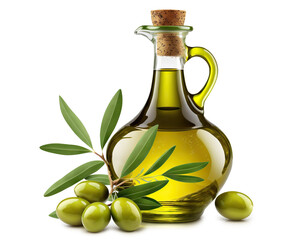 Delicious olive oil in a glass bottle and green olives with leaves, isolated on white background. Based on Generative AI - obrazy, fototapety, plakaty