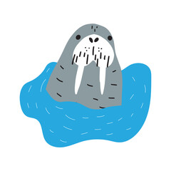 Cute walrus in Scandinavian style on a white background. Vector hand drawn kids illustration. Sea ocean. Underwater world