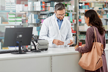 Medicine, service and help of pharmacist consulting at health store counter with expert knowledge. Medication advice and trust of girl with kind worker checking information at pharmacy.