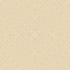 Vector seamless pattern with curved shapes, leaves, petals. Golden abstract linear geometric ornament texture. Gold and white background. Simple geo pattern. Repeat design for decor, print, wallpaper