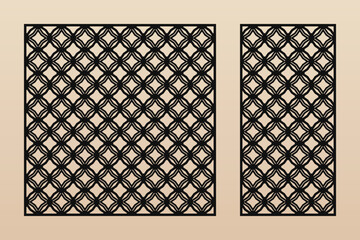 Laser cut pattern set. Vector set of oriental geometric ornaments with diamond grid, mesh, abstract flower silhouettes, lines. Elegant template for cnc cutting, decorative panel. Aspect ratio 1:1, 1:2