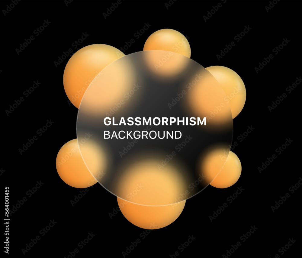 Poster glassmorphism background banner with transparent glass frame template . Realistic Frosted glass morphism effect with blurred abstract gradient yellow and orange circle shapes. Vector illustration