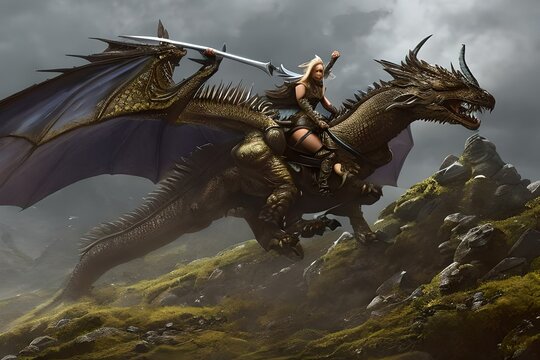 ‎Valkyrie dragon rider illustration. Made with Generative Ai