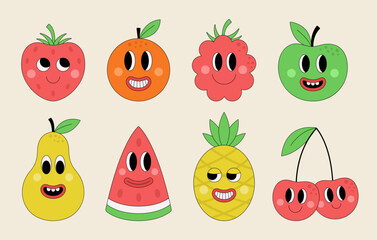 Set of funny groovy fruits. Cute simple character faces. Hippie stickers in trendy retro style. Vector illustration