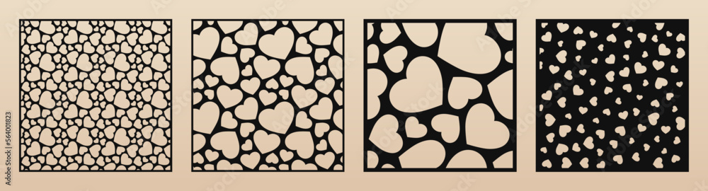 Poster Laser cut pattern set. Vector set of oriental geometric ornaments with diamond grid, mesh, abstract flower silhouettes, lines. Elegant template for cnc cutting, decorative panel. Aspect ratio 1:1, 1:2