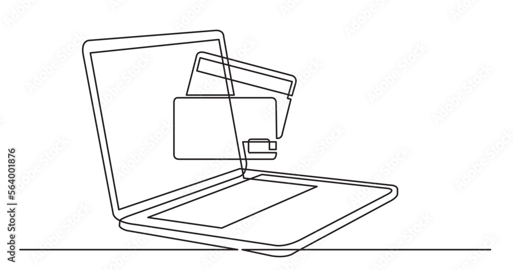 Poster continuous line drawing vector illustration with fully editable stroke of laptop computer with credi