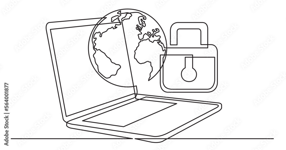 Poster continuous line drawing vector illustration with fully editable stroke of laptop computer with earth