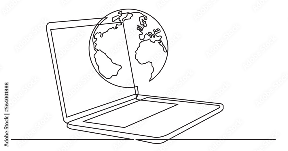 Poster continuous line drawing vector illustration with fully editable stroke of laptop computer with earth