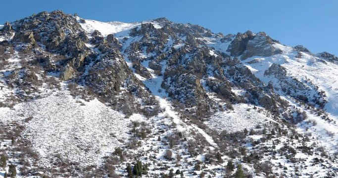 Snow capped mountains mountains and fir trees in the winter park