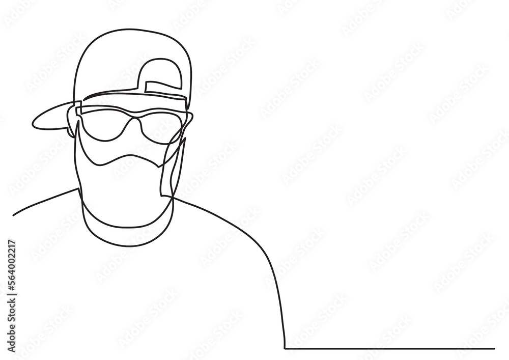 Poster continuous line drawing vector illustration with fully editable stroke of bearded man in cap