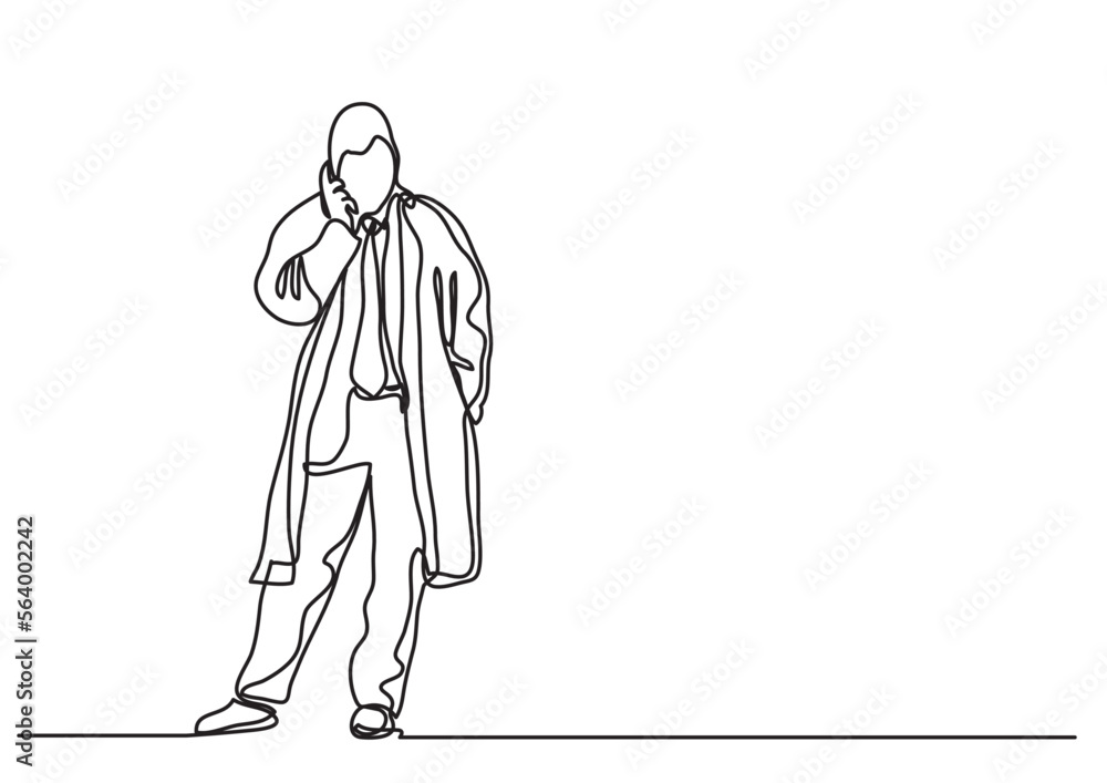 Poster continuous line drawing vector illustration with fully editable stroke of businessman talking on mob