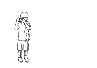 continuous line drawing vector illustration with FULLY EDITABLE STROKE of boy making photos with camera