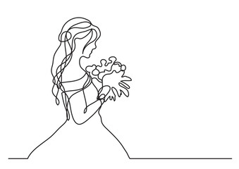 continuous line drawing vector illustration with FULLY EDITABLE STROKE of bride holding bouquet