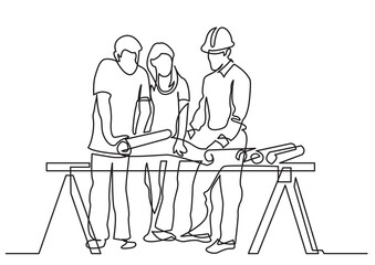 continuous line drawing vector illustration with FULLY EDITABLE STROKE of couple discussing costruction plan with developer