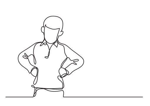 continuous line drawing vector illustration with FULLY EDITABLE STROKE of angry boy with arms on hips