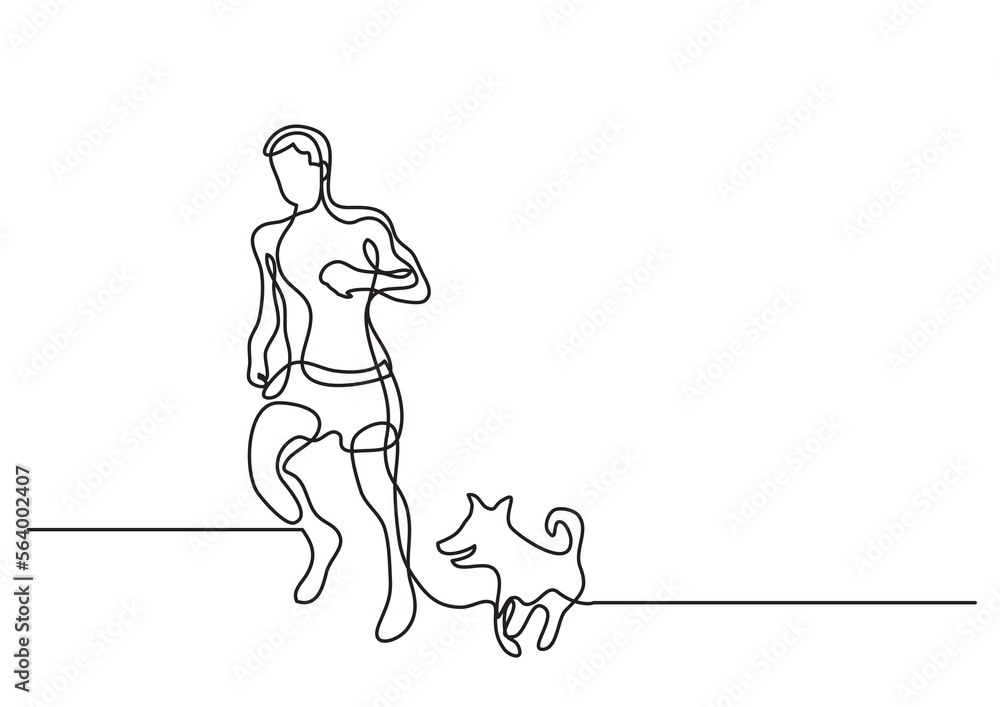 Poster continuous line drawing vector illustration with fully editable stroke of man running with dog