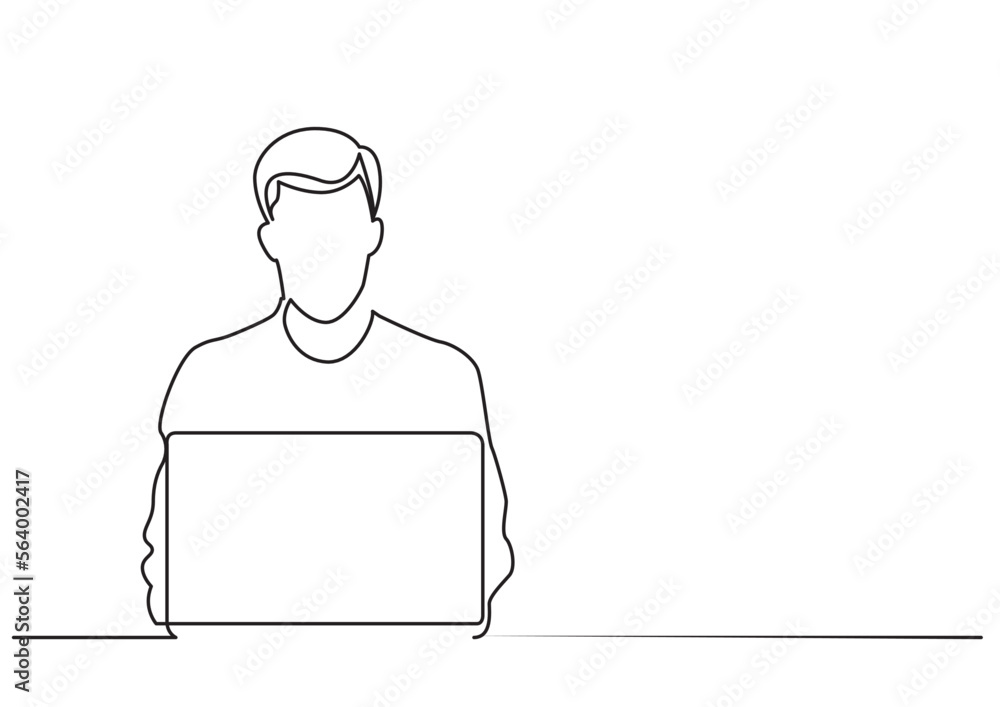 Poster continuous line drawing vector illustration with fully editable stroke of man sitting behind laptop 