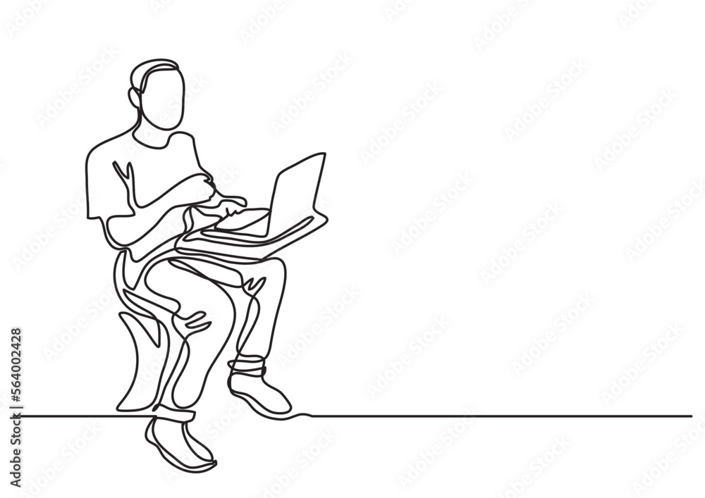 Poster continuous line drawing vector illustration with fully editable stroke of man sitting working on com