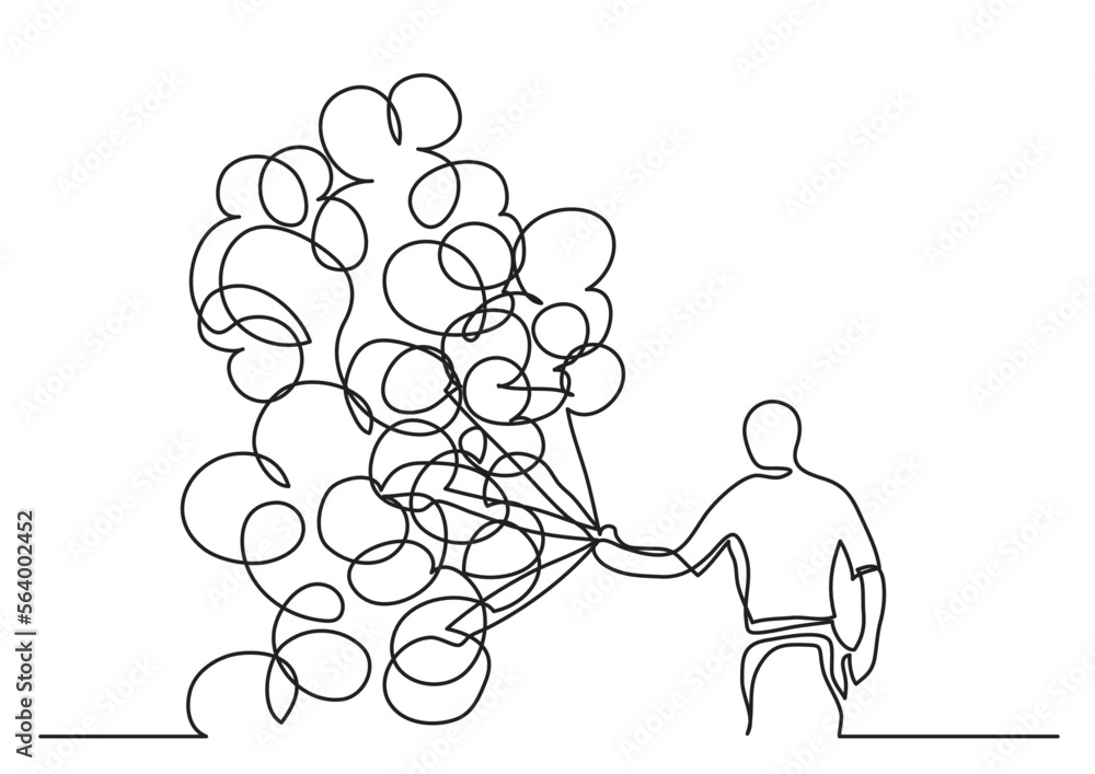 Poster continuous line drawing vector illustration with fully editable stroke of man with balloons
