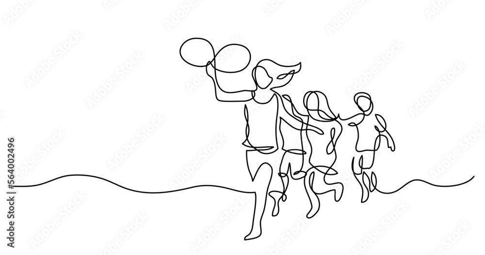 Poster continuous line drawing vector illustration with fully editable stroke of of happy children running 