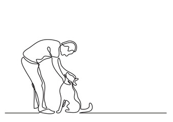 continuous line drawing vector illustration with FULLY EDITABLE STROKE of man petting dog
