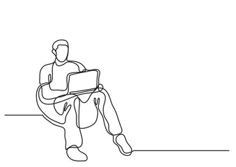 Fototapeta na wymiar continuous line drawing vector illustration with FULLY EDITABLE STROKE of man sittin in bean bag with laptop computer