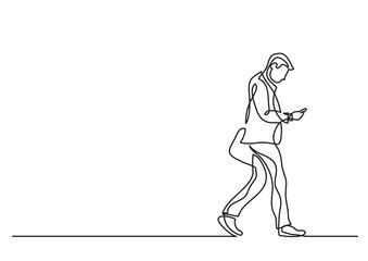 continuous line drawing vector illustration with FULLY EDITABLE STROKE of man walking with phone