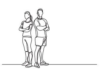 continuous line drawing vector illustration with FULLY EDITABLE STROKE of man woman fitess instructors standing