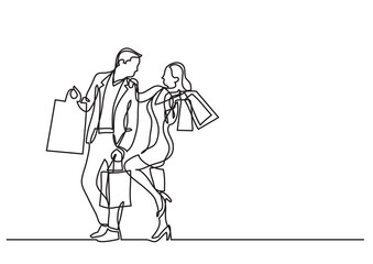 continuous line drawing vector illustration with FULLY EDITABLE STROKE of man woman shopping with bags