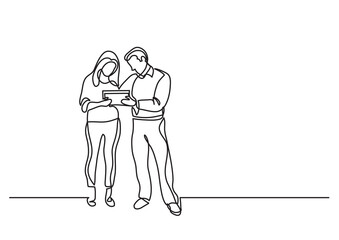 continuous line drawing vector illustration with FULLY EDITABLE STROKE of man woman standing discussing work