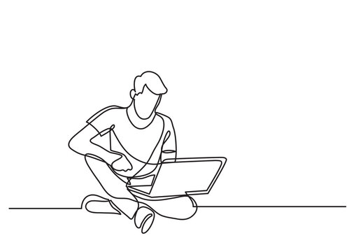 Continuous Line Drawing Vector Illustration With FULLY EDITABLE STROKE Of Man Sitting With Laptop