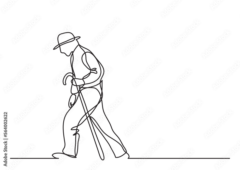 Poster continuous line drawing vector illustration with fully editable stroke of old man walking