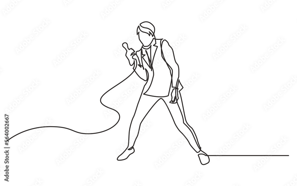 Poster continuous line drawing vector illustration with fully editable stroke of singer posing with microph