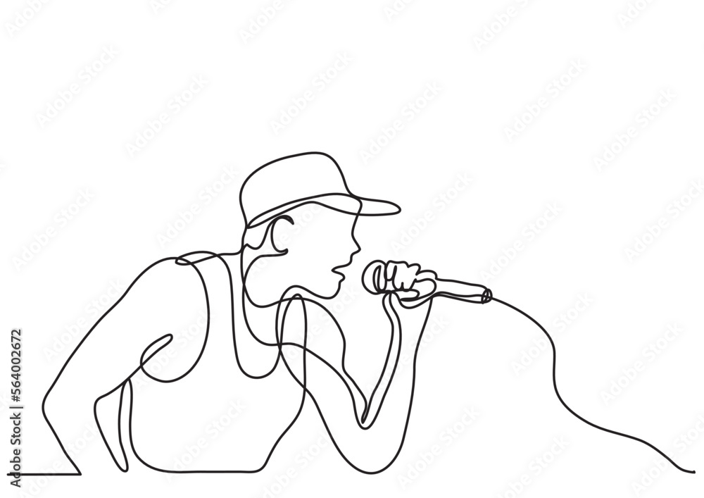 Poster continuous line drawing vector illustration with fully editable stroke of singer with microphone