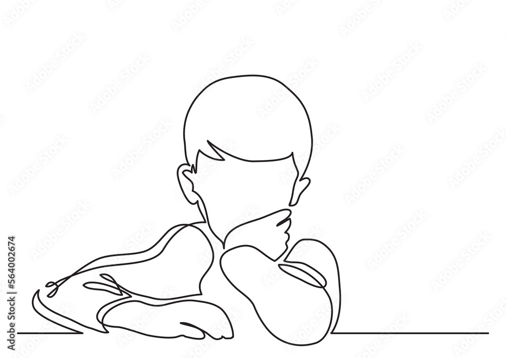 Poster continuous line drawing vector illustration with fully editable stroke of sitting boy thinking