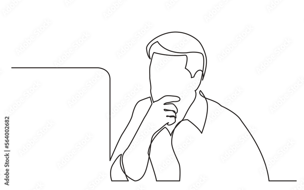 Poster continuous line drawing vector illustration with fully editable stroke of sitting computer worker fo