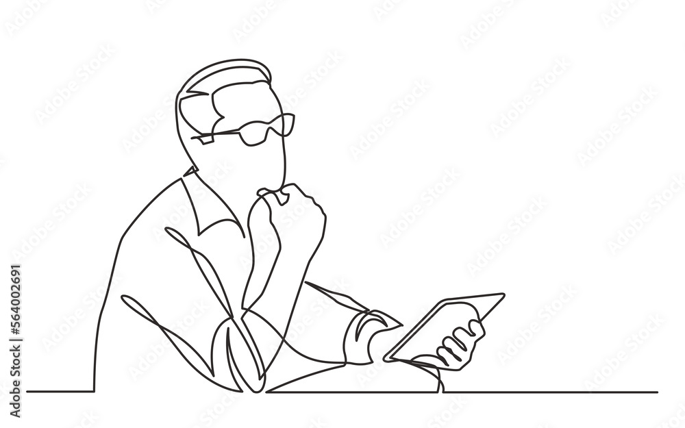 Poster continuous line drawing vector illustration with fully editable stroke of sitting man planning with 