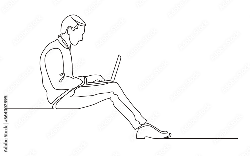Poster continuous line drawing vector illustration with fully editable stroke of sitting man working on lap
