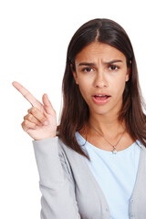 Confused woman, portrait and pointing at space for mockup sale, discount or promotion. Shocked face of female model with hand for advertising or product placement isolated on a white background