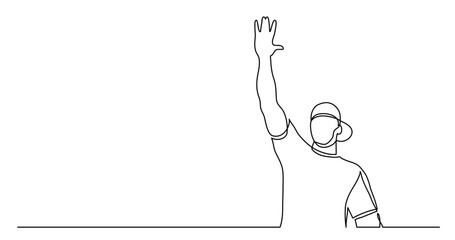continuous line drawing vector illustration with FULLY EDITABLE STROKE of of young healthy man in cap giving high five