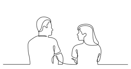 continuous line drawing vector illustration with FULLY EDITABLE STROKE of of young man and woman sitting together looking at each other