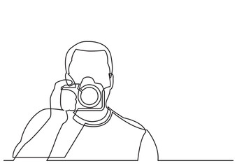 continuous line drawing vector illustration with FULLY EDITABLE STROKE of photographer holding camera
