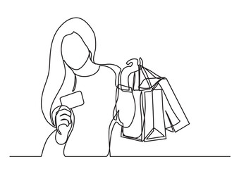 continuous line drawing vector illustration with FULLY EDITABLE STROKE of shopping woman with bags and credit card